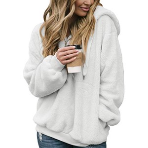 เสื้อฮู้ดผ้าฟลีซอุ่นสำหรับฤดูหนาวสำหรับผู้หญิง แบบมีซิป ผ้าเชอร์ปาถักนุ่มฟู เสื้อคลุมแบบผูกเชือก กระเป๋าจิงโจ้ เสื้อคลุมกันหนาว - Product Image 3