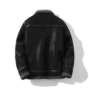 Manteau noir en cuir véritable pour hommes, standard, imperméable, écologique, en toile, pour l'hiver, vêtements d'extérieur chauds, fausse laine d'agneau, fourrure, col rabattu - Product Image 5