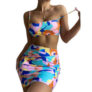 Traje de baño de 3 piezas de cintura alta con cuello bandeau, talla XL, transpirable, estampado digital, con cubierta de punto con letras y frutas - Product Image 4