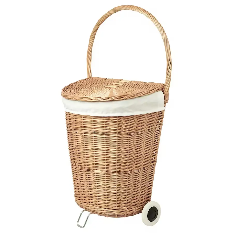 Minimalism Rattan Laundry Basket On Wheels Essentials Movable Storage Basket For Washing Room