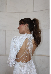 Robe de soirée col rond à manches longues, élégante silhouette trapèze, perlée, antistatique, respirante, robe de soirée en mousseline de soie - Product Image 2