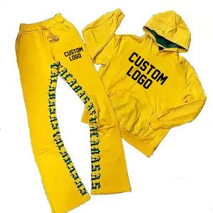 Streetwear, chándal lavado con ácido para hombre, conjunto de pantalones de chándal con capucha acampanados crudos bordados desgastados - Product Image 2