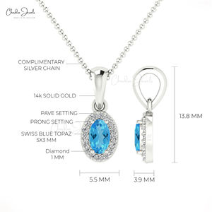 Pendentif délicat en or véritable 14 carats personnalisé 5X3mm forme ovale Design minimaliste diamant blanc naturel pour pendentif topaze bleue suisse" - Product Image 4