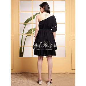 DEEBACO Women's Solid Black Woven Rayon Knee-Length One Shoulder Asymmetric Tiered Embroidered Washable Stylish One Piece <b>Dress</b> - Product Image 4