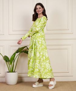 Exquisito vestido acampanado de algodón verde radio con drapeado elegante y moda para mujeres disponibles a granel - Product Image 4