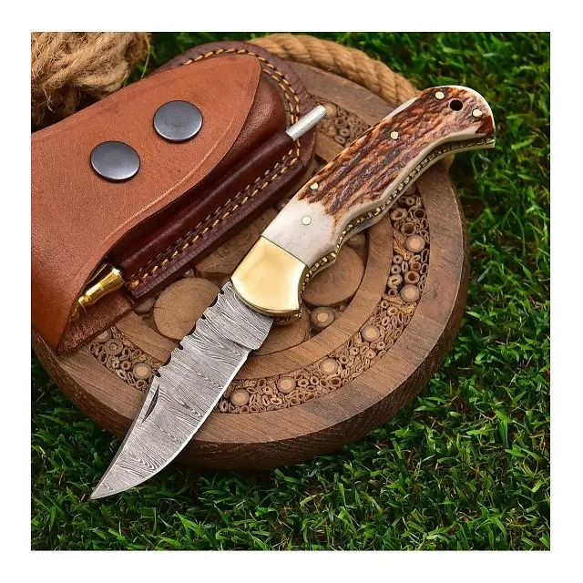 Custom handmade Damascus steel pocket knife with stag horn handle and fine leather sheath, gift for her, Viking knife, knifes