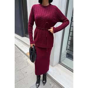 Conjunto de suéter de punto con cinturón y estampado de trenzas para mujer 10218 - Product Image 6