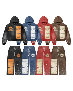 Nouveau Design Streetwear Vintage Washed Ensemble Deux Pièces Sportswear Logo Personnalisé Imprimé Strass Sunfaded Survêtement Survêtements. - Product Image 6