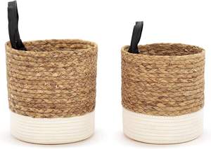 Panier de rangement tressé écologique avec poignées-Brun naturel avec garniture blanche, organisateurs de panier empilables - Product Image 4