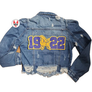 Sigma Gamma Rho Sorority Embroidery Women Denim Jeans Jacket | SGR Sorority Embroidered Women Distressed Denim Jean Jackets - Product Image 1