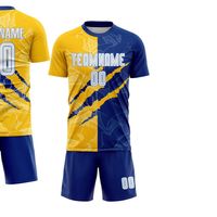 Özel Sublimasyonlu Mavi Sarı Futbol Formaları ve Şort Takımı Hızlı Kuruyan %100 Polyester Her Mevsim Takım Antrenman Futbol Kiti