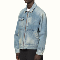 Vente en gros de vêtements de rue en coton avec logo personnalisé veste manteaux vintage en jean à col rabattu et fermeture éclair effet délavé