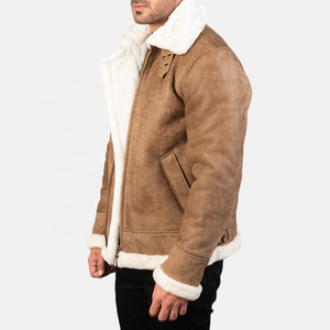 Premium Shearling Fur <b>Leather</b> <b>Jacket</b>, ultra soft original Premium <b>Men's</b> Beige <b>Leather</b> Aviator Bomber <b>Jacket</b> Warm Sherpa Winter - Product Image 2