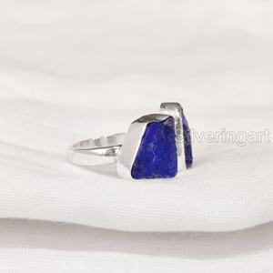 Bague pour femme en pierre brute, Lapis Lazuli naturel, double pierre, ajustable, en argent sterling 925, pour Noël - Product Image 5