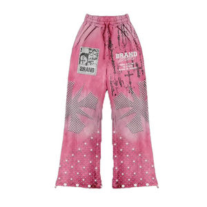 Customized Vintage Men's Streetwear Two-Piece Set Full Rhinestone Screen Printed Eco-Friendly Hoodie Sweatpants Jogger Acid Wash - Product Image 5