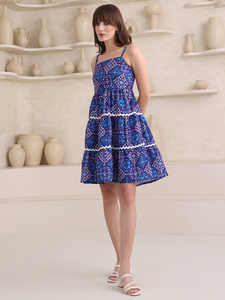 Vestido cuadrado sin mangas de mezcla de algodón estampado por encima de la rodilla para mujer - Product Image 3