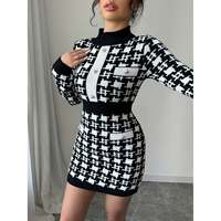 Robe moulante mini en maille pied-de-poule pour femme, manches longues, col rond, couleur contrastante, style décontracté d'été, respirante, mélange de viscose