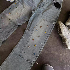 Pantalones vaqueros lavados con ácido para hombre, ropa informal, Color sólido, diseño transpirable, cintura media, holgados, personalización de pantalones vaqueros con diamantes de imitación para hombre - Product Image 4