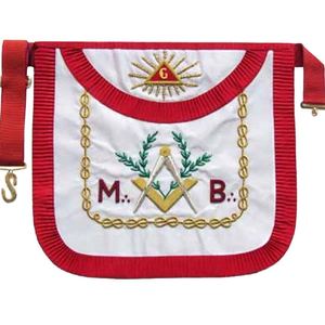 Freemason Master Mason Scottish Rite <b>Apron</b> <b>White</b> & Red Pleated Edges Gold Embroidery Square & Compass Emblem - Product Image 1