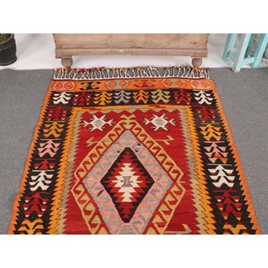3.6x5.6 ft Rug, Vintage Turkish Accent Rug, <b>Red</b> Kilim <b>Wool</b> Rug - Product Image 3