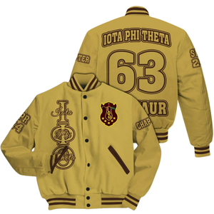 Iota Phi Theta 1963 Collegiate Varsity Jacket Letterman Brown Gold Greek Life Fraternity Apparel Ropa de estilo clásico - Product Image 1