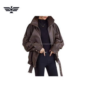 Chaqueta tejida transpirable de piel de oveja marrón de gran tamaño para mujer, abrigo de un solo botón de cuello alto para otoño - Product Image 6