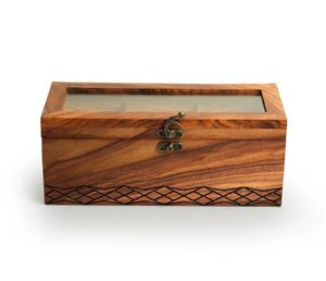 Organisateur de sachets de thé Caddy 3 sections avec serrure Boîte à thé Sesham Boîtes de rangement en bois Organisateur de station de thé pour comptoir - Product Image 1