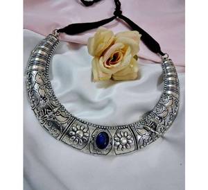 ชุดโชคเกอร์หินโมนาลิซ่าสีน้ำเงินที่ออกแบบอย่างสวยงามสร้อยคอชาติพันธุ์ชุบเงินสำหรับงานหมั้นในงานแต่งงานเครื่องประดับที่ทันสมัย - Product Image 1