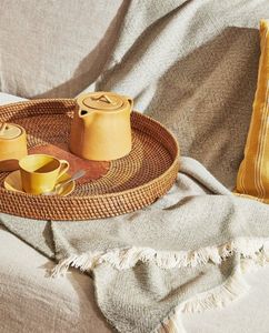 Handmade Decorative Rattan Jute <b>Serving</b> <b>Tray</b> With Bone Inlay Finishing Set of 3 <b>Rounded</b> Shape Food Server <b>Tray</b> - Product Image 2