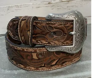 High Quality Genuine Leather Hand tooled Belt with Elegant Metal Buckle Made of Zinc Alloy Direct from Indian Supplier
