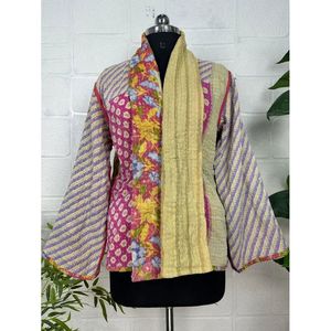 Vintage <b>Kantha</b> Stitch Dori <b>Jacket</b> One-of-a-Kind Handstitched Reversible Short Coat Boho Chic Fashion with Sequins Fur for Spring - Product Image 4
