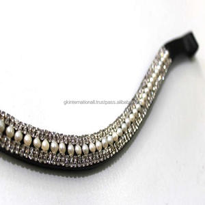 Personnalisé 5 Rangées de Cristaux et Perles Décorées Forme de Vague Épaisse Selle en Cuir Cheval Sourcils Bande pour Bride en Plein Cob Tailles - Product Image 5