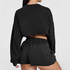 สเวตเตอร์แขนยาวสำหรับผู้หญิงเสื้อครอปไหล่เสื้อครอปสเวตเตอร์100% คอกลมผ้าคอตตอนมีซับใน - Product Image 6