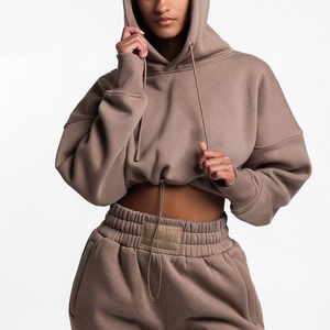 Sweat à capuche en coton personnalisable pour femmes, couleur unie, taille ajustable avec cordon de serrage pour l'hiver Streetwear Crop Top Hoodies - Product Image 4