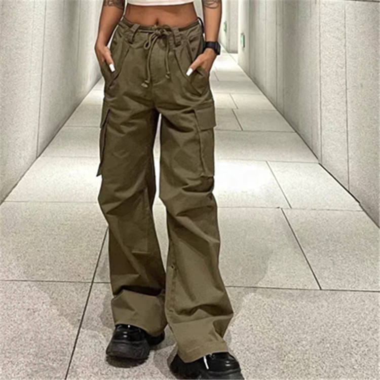 Streetwear Big Pocket Cargo Pants Trousers For Ladies Women Wide Leg Green Casual Pants Low Waist Baggy Women's Trousers 