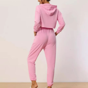 2025 Traje de jogging informal con logotipo personalizado para mujer Tallas grandes Sudadera con capucha recortada en blanco y chándal de salón Conjunto de 2 piezas para invierno - Product Image 4