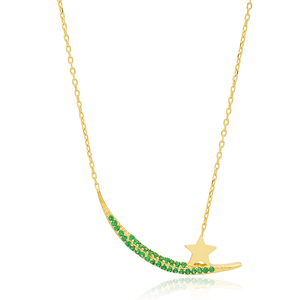 Moon and Star Design Round Cut Emerald Stone Charm Necklace Turkish Handmade Wholesale 925 Sterling Silver Jewelry - Product Image 4