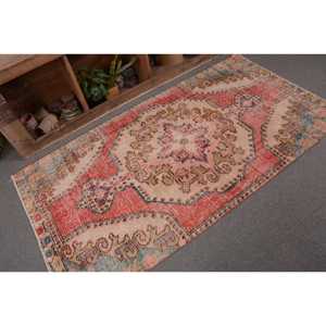 Alfombra turca vintage roja y beige de 3,6x6,7 pies, diseño de retazos de lana de área grande para pasillo, dormitorio, forma rectangular, respaldo de látex - Product Image 5