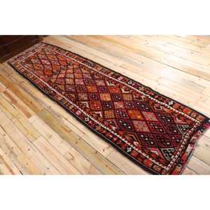 Turkish 3.2x11.3 ft Rug, Herki Vintage Rug, <b>Red</b> Ikat Rug <b>Wool</b> - Product Image 4
