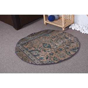 Alfombra de lana tradicional Vintage, diseño de retales Beige y azul, tamaño de 3,3X3,2 pies para decoración de sala de estar, uso de coche, respaldo de látex - Product Image 1