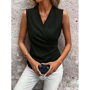 Women'<b>s</b> Sleeveless Wrap Collar Imported Crepe <b>Blouse</b>, 36920 - Black - Product Image 1