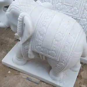 공장 공급 야외 수제 흰색 Makrana 대리석 코끼리 조각 손 조각 천연석 동상 수출 대량 OEM