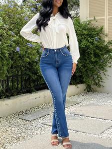 Pantalon droit élégant de qualité supérieure Pantalon en denim imprimé pierre de qualité supérieure Personnaliser les pantalons pour femmes au design lavé - Product Image 2