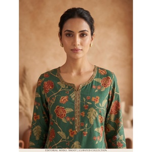 Kurta en coton brodé vert Rama pour femme, imprimé à la main, séchage rapide, style ethnique indien pakistanais, décontracté, été, quotidien - Product Image 2
