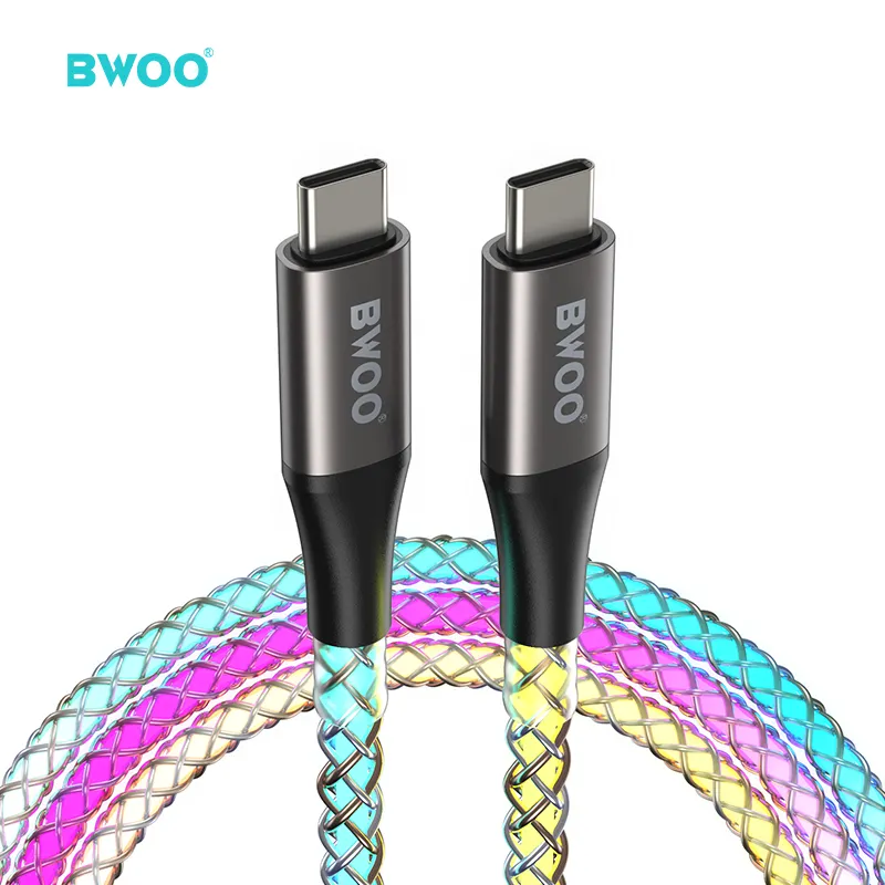 BWOO wholesale 65W mobile phone type c to type c usb cable RGB light fast charging transparent type-c usb cable