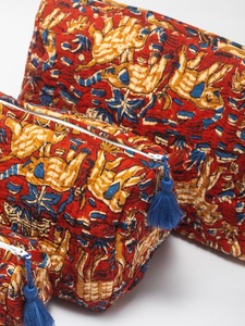 Set 3 Red Eco-Friendly Cotton Quilted Vintage Case Hand Block Printed Travel Accessory Cosmetic Organizer <b>Zipper</b> Closure Large - Product Image 2