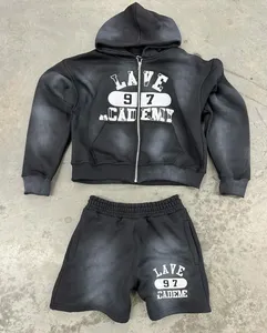 Sweat à capuche brodé vieilli personnalisé délavé à l'acide Vintage sweats à capuche zippés ensemble de shorts et survêtements en coton pour hommes - Product Image 5