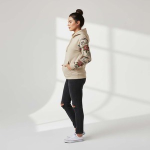 Sudadera con Capucha de Felpa de Algodón de Alta Calidad OEM para Mujer, Estilo Urbano, Color Beige, Diseño de Tatuaje en las Mangas Delanteras, Etiqueta Privada Personalizada de Fábrica - Product Image 5