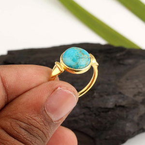 Bagues en turquoise naturelle d'Arizona en gros, argent sterling 925, plaqué or micron rond de 10 mm, vermeil éternel, fiançailles, mariages - Product Image 1