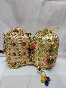 Custom Made Eco-Friendly Natural Color Floral Embroidery Polyester Extra <b>Large</b> Drawstring Potli <b>Bags</b> for <b>Beach</b> Use - Product Image 5